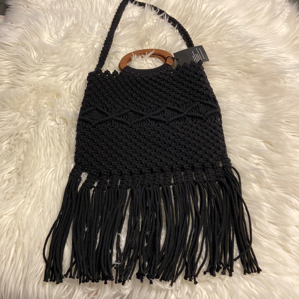 Danielle Nicole macrame fringe crossbody
boho purse with wooden handle black